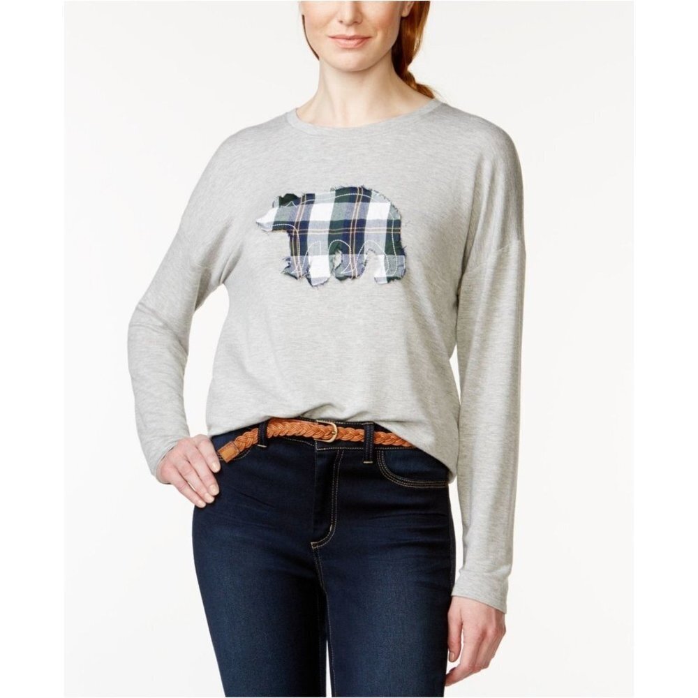 G.H. Bass Womens Plaid Bear Applique Long Sleeve Top Relaxed Fit Casual Small